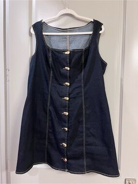 SHEIN Dark Blue Denim Button-Front A-Line Dress with Gold Buttons